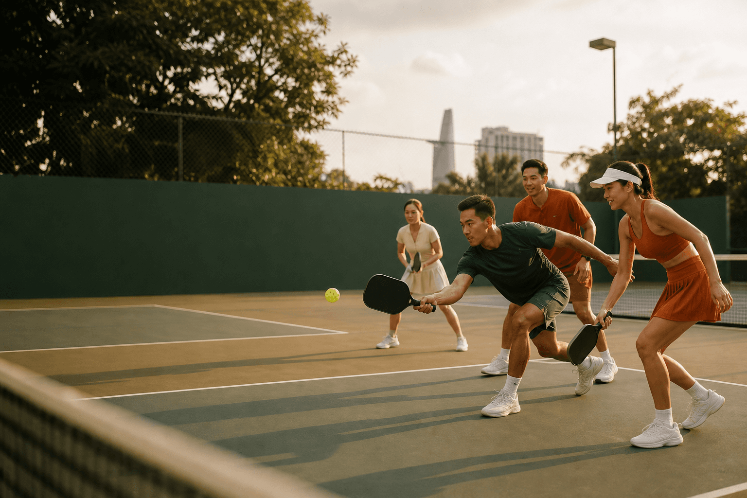 Minh họa nhóm người chơi pickleball cùng nhau trong nắng chiều